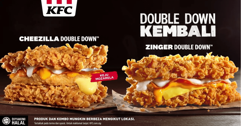 KFC Malaysia brings back the Zinger Double Down and Cheezilla Double Down from 14 Apr 22