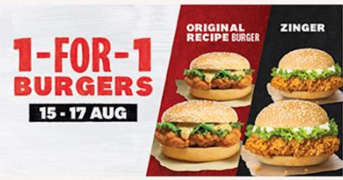 [3 Days Only] 1-FOR-1 Burgers at KFC from 15 - 17 August 2022