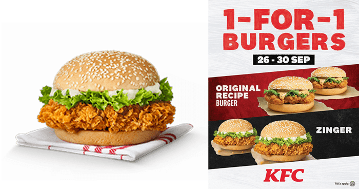1-FOR-1 Zinger and Original Recipe Burgers at KFC from 26 - 30 Sep 22