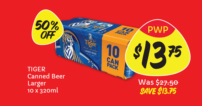 Giant is offering 50% off Tiger Canned Beer with minimum purchase, costs only $1.38 per can from 18 - 20 Nov 22