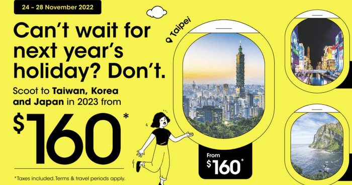 Scoot runs 4-day sale to Japan, Korea and Taipei offering promo fares from S$160 when you book from 25 - 28 Nov 22