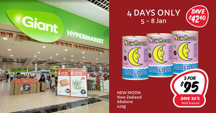 New Moon NZ Abalone deal at 3-for- at Giant from 5 - 8 Jan, means you pay only .67 each