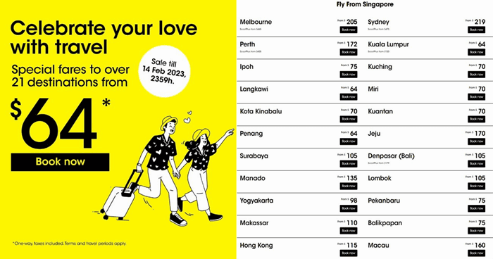 Scoot runs Valentine's Day Sale offering fares to Hong Kong, Jeju and more from as low as S. Book by 14 Feb 23