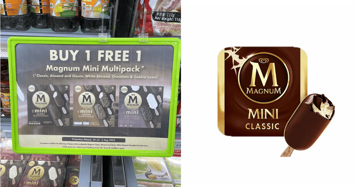Buy 1 Get 1 Free Magnum Mini Multipack at  (U.P. ) at participating Sheng Siong outlets from now till 3 Aug 2023