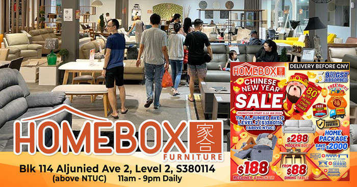Over 7,000 furniture to clear at this festive CNY Sale at Homebox Furniture @ Aljunied from now till 14 Jan 24; up to 80% off and guaranteed delivery before CNY