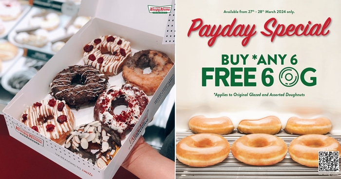 Krispy Kreme is giving 6 FREE Original Glazed Doughnuts with any 6 doughnuts purchased from 27 - 28 Mar 24