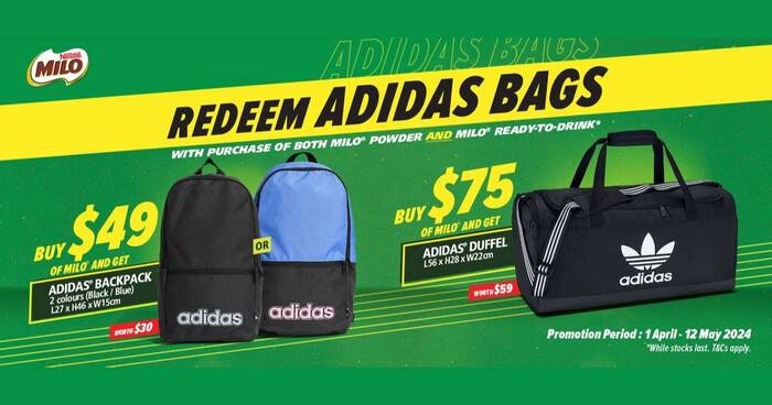 Get a FREE Adidas Backpack or Duffel Bag with purchase of MILO Beverages from now till 12 May 24