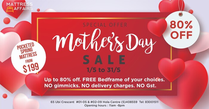 Locally-owned mattress boutique offering up to 80% off plus free bedframe to celebrate Mother's Day in the month of May 2024